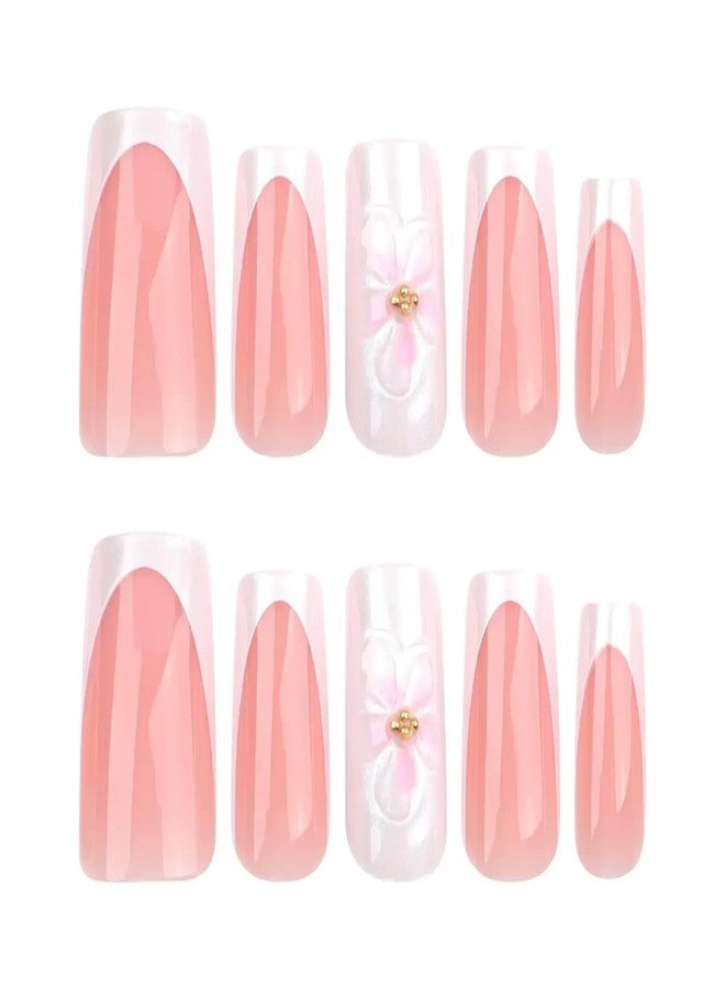 CTTHNBD Press on Nails Medium Square Fake Nails French Tip False Nails with 3D Pink Flower Design Glossy Glue on Nails Ombre Acrylic Nails Full Cover Stick on Nails for Women Spring Manicure 24Pcs - Image 5